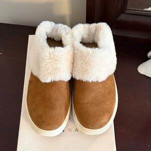 LC Lauren Conrad Tan and Cream Fur-Lined Mules